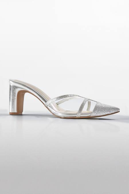 Signature Sole Silver Glitter Pointed Toe Block Heels 
