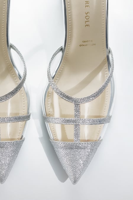 Buy Signature Sole Silver Glitter Pointed Toe Block Heels Buy_Signature Sole_Silver Glitter Pointed Toe Block Heels
