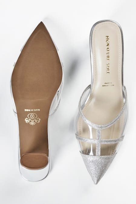 Signature Sole Silver Glitter Pointed Toe Block Heels 