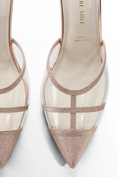 Signature Sole_Gold Glitter Pointed Toe Block Heels _at_Aza_Fashions