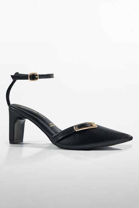 Signature Sole Textured Black Pointed-Toe Block Heels 