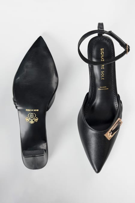 Signature Sole Textured Black Pointed-Toe Block Heels 
