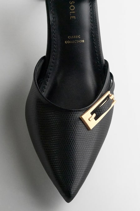 Shop_Signature Sole_Black Buckles Textured Pointed-toe Block Heels _Online_at_Aza_Fashions