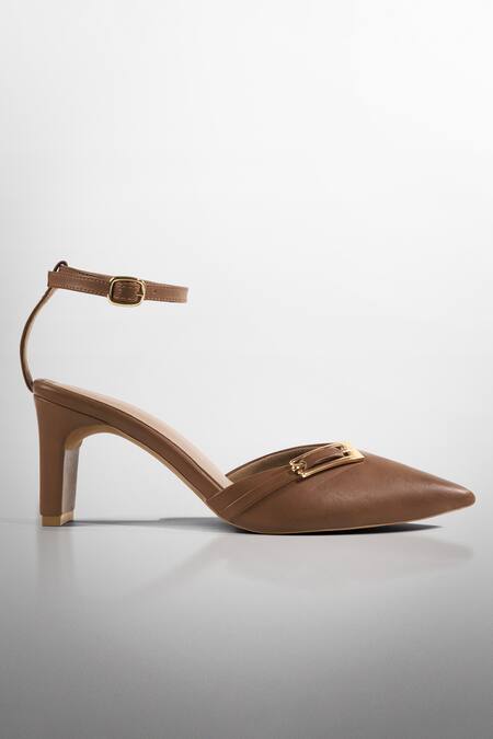 Buy_Signature Sole_Brown Buckles Tan Pointed-toe Block Heels _Online_at_Aza_Fashions