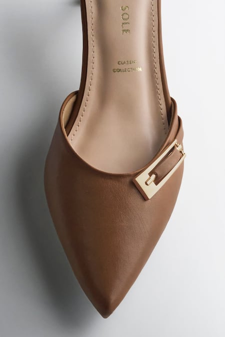 Shop_Signature Sole_Brown Buckles Tan Pointed-toe Block Heels _Online_at_Aza_Fashions