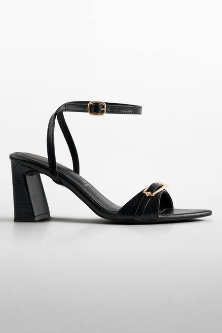 Signature Sole Black Gold Buckle Strap Heels 