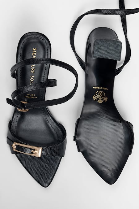 Signature Sole Black Gold Buckle Strap Heels 