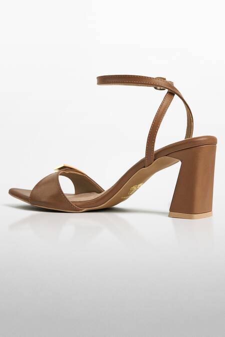 Shop_Signature Sole_Brown Buckles Mocha Luxe Gold Strap Heels _Online_at_Aza_Fashions