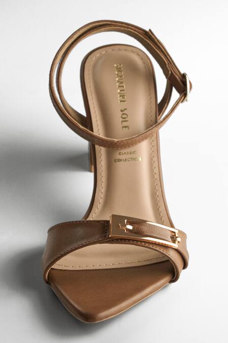 Signature Sole_Brown Buckles Mocha Luxe Gold Strap Heels _at_Aza_Fashions