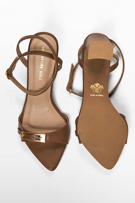 Signature Sole Mocha Luxe Gold Buckle Strap Heels 