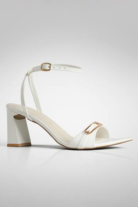 Signature Sole White Buckle Strap Block Heels 