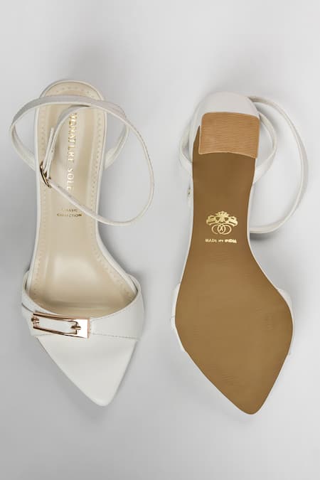 Signature Sole White Buckle Strap Block Heels 
