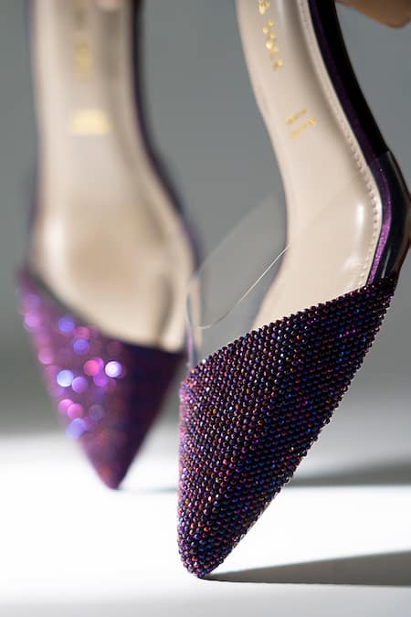 Signature Sole_Purple Crystals Embellished Pointed Mules _at_Aza_Fashions