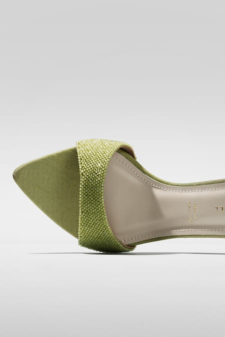 Signature Sole_Green Beads Olive Glint Textured Pointed-toe Heels _Online_at_Aza_Fashions