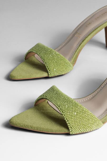 Buy_Signature Sole_Green Beads Olive Glint Textured Pointed-toe Heels _Online_at_Aza_Fashions
