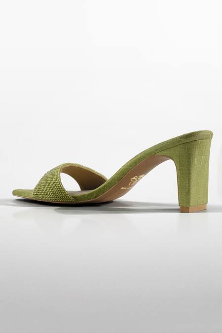 Signature Sole_Green Beads Olive Glint Textured Pointed-toe Heels _at_Aza_Fashions