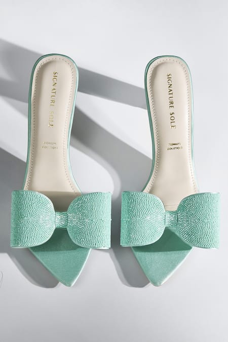 Signature Sole_Mint Rhinestones Blue Bow Heels _at_Aza_Fashions