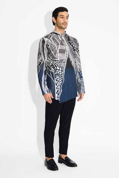 SHASHA GABA_Blue Tussar Designer Black Ombre Short Kurta _Online_at_Aza_Fashions