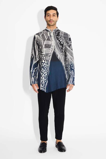 Shop_SHASHA GABA_Blue Tussar Designer Black Ombre Short Kurta _Online_at_Aza_Fashions