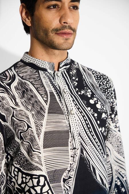 SHASHA GABA_Blue Tussar Designer Black Ombre Short Kurta _at_Aza_Fashions