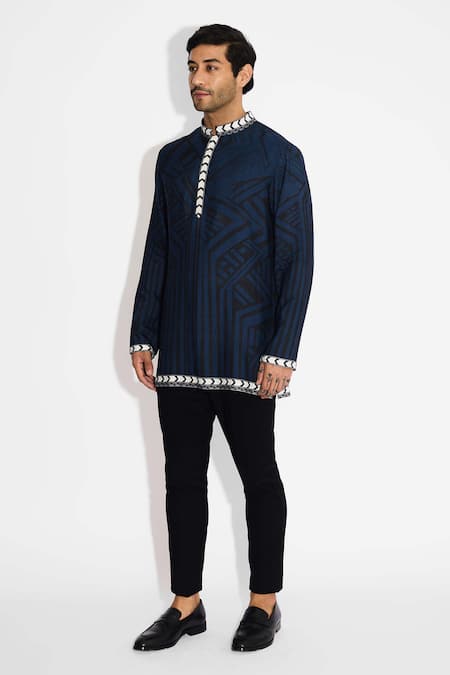 Buy SHASHA GABA Blue Tussar Obsidian Designer Short Kurta Online at Aza Fashions Buy_SHASHA GABA_Blue Tussar Obsidian Designer Short Kurta _Online_at_Aza_Fashions