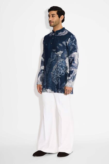 SHASHA GABA_Blue Tussar Swirl Print Obsidian Short Kurta _Online_at_Aza_Fashions