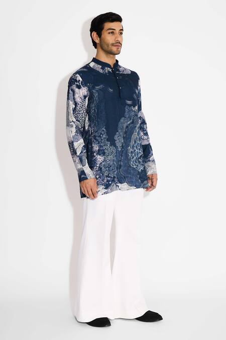 Buy_SHASHA GABA_Blue Tussar Swirl Print Obsidian Short Kurta _Online_at_Aza_Fashions