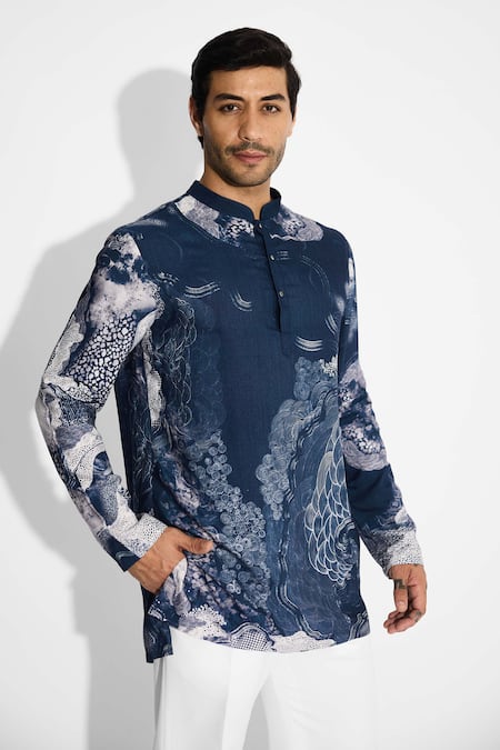 SHASHA GABA Swirl Print Obsidian Blue Short Kurta 