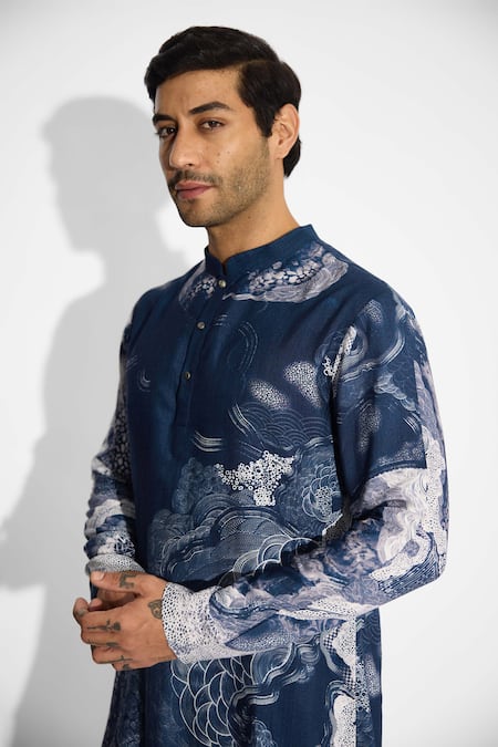 SHASHA GABA_Blue Tussar Swirl Print Obsidian Short Kurta _at_Aza_Fashions