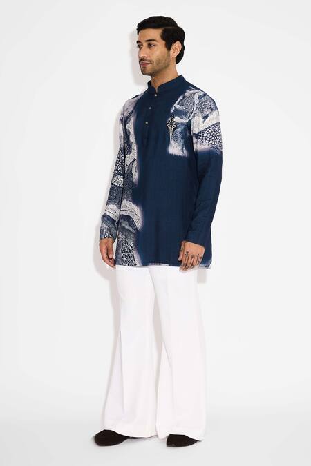 SHASHA GABA Blue Tussar Swirl Print Obsidian Short Kurta Online at Aza Fashions SHASHA GABA_Blue Tussar Swirl Print Obsidian Short Kurta _Online_at_Aza_Fashions