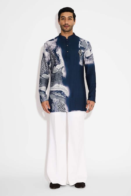 Buy SHASHA GABA Blue Tussar Swirl Print Obsidian Short Kurta Online at Aza Fashions Buy_SHASHA GABA_Blue Tussar Swirl Print Obsidian Short Kurta _Online_at_Aza_Fashions