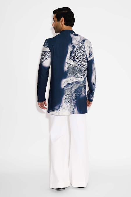 Shop SHASHA GABA Blue Tussar Swirl Print Obsidian Short Kurta at Aza Fashions Shop_SHASHA GABA_Blue Tussar Swirl Print Obsidian Short Kurta _at_Aza_Fashions