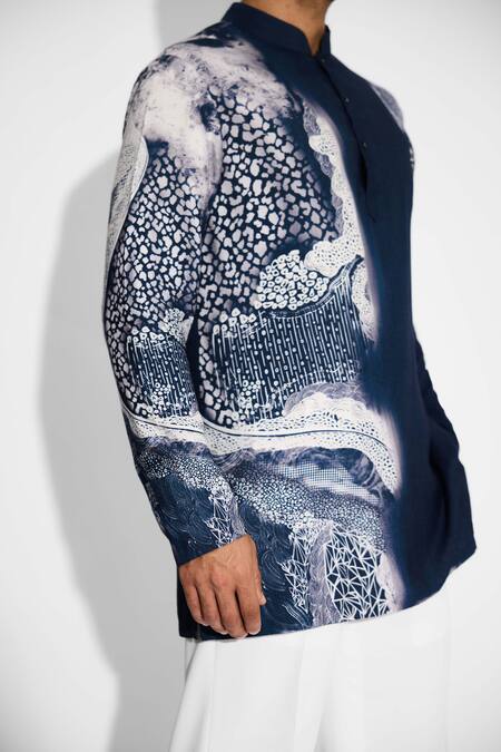 Shop SHASHA GABA Blue Tussar Swirl Print Obsidian Short Kurta Online at Aza Fashions Shop_SHASHA GABA_Blue Tussar Swirl Print Obsidian Short Kurta _Online_at_Aza_Fashions