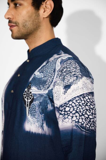 SHASHA GABA Blue Tussar Swirl Print Obsidian Short Kurta at Aza Fashions SHASHA GABA_Blue Tussar Swirl Print Obsidian Short Kurta _at_Aza_Fashions