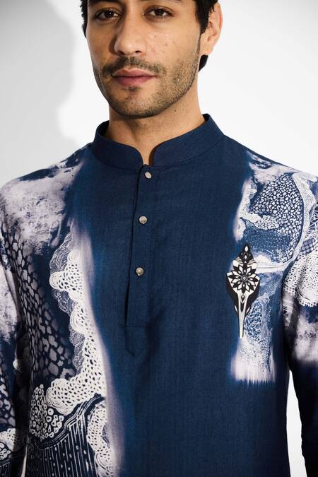 Buy SHASHA GABA Blue Tussar Swirl Print Obsidian Short Kurta Buy_SHASHA GABA_Blue Tussar Swirl Print Obsidian Short Kurta