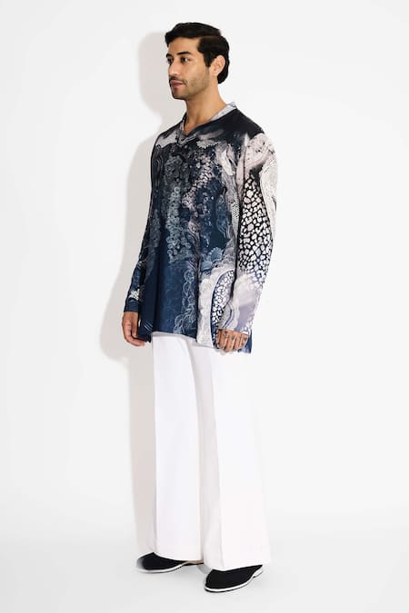 SHASHA GABA_Blue Tussar Ombre Swirl Print V Neck Kurta _Online_at_Aza_Fashions