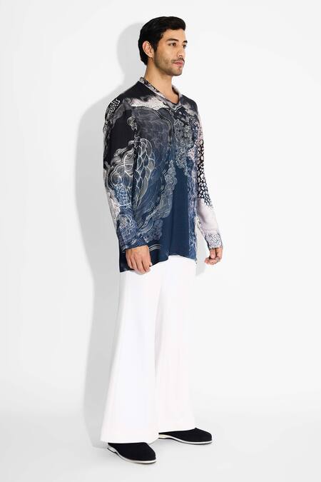 Buy_SHASHA GABA_Blue Tussar Ombre Swirl Print V Neck Kurta _Online_at_Aza_Fashions