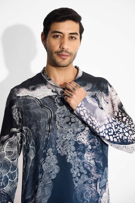 Shop_SHASHA GABA_Blue Tussar Ombre Swirl Print V Neck Kurta _Online_at_Aza_Fashions