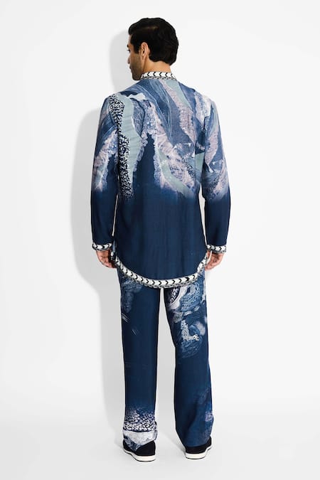 Shop SHASHA GABA Blue Tussar Obsedine Designer Front Open Kurta at Aza Fashions Shop_SHASHA GABA_Blue Tussar Obsedine Designer Front Open Kurta _at_Aza_Fashions