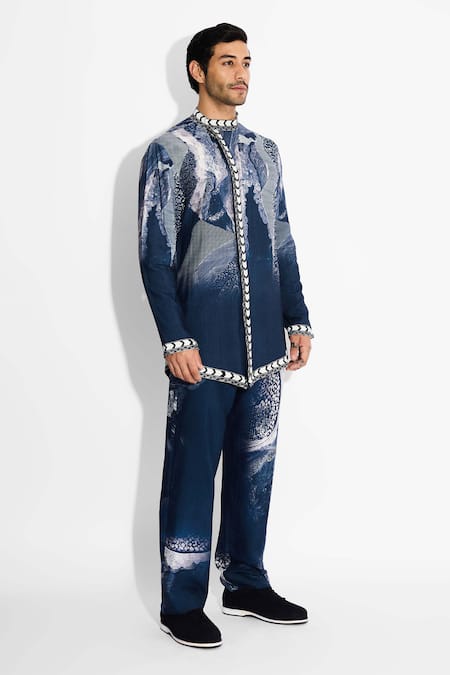 SHASHA GABA Blue Tussar Obsedine Designer Front Open Kurta Online at Aza Fashions SHASHA GABA_Blue Tussar Obsedine Designer Front Open Kurta _Online_at_Aza_Fashions