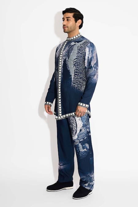 Buy SHASHA GABA Blue Tussar Obsedine Designer Front Open Kurta Online at Aza Fashions Buy_SHASHA GABA_Blue Tussar Obsedine Designer Front Open Kurta _Online_at_Aza_Fashions