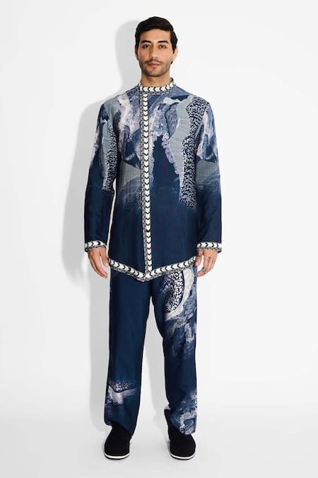 Shop SHASHA GABA Blue Tussar Obsedine Designer Front Open Kurta Online at Aza Fashions Shop_SHASHA GABA_Blue Tussar Obsedine Designer Front Open Kurta _Online_at_Aza_Fashions