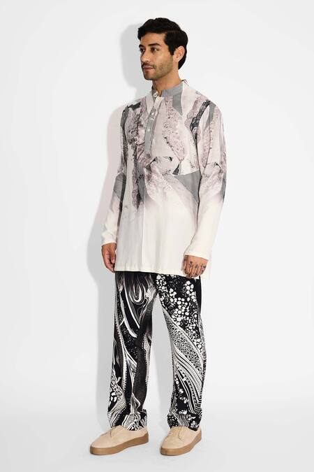 SHASHA GABA Ivory Tussar Lush Morph Print Short Kurta Online at Aza Fashions SHASHA GABA_Ivory Tussar Lush Morph Print Short Kurta _Online_at_Aza_Fashions