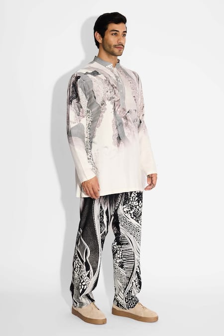 Shop SHASHA GABA Ivory Tussar Lush Morph Print Short Kurta Online at Aza Fashions Shop_SHASHA GABA_Ivory Tussar Lush Morph Print Short Kurta _Online_at_Aza_Fashions