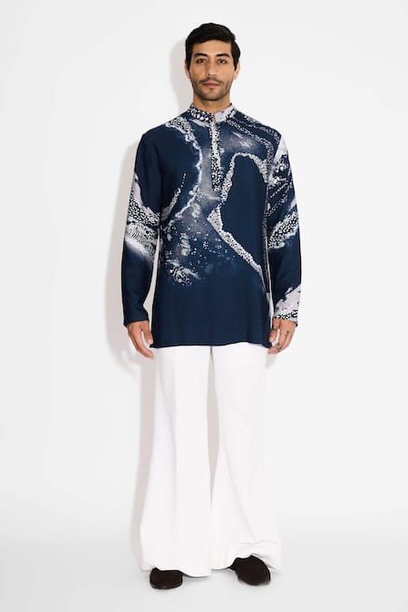 Shop SHASHA GABA Blue Tussar Morph Print Obsidian Short Kurta Online at Aza Fashions Shop_SHASHA GABA_Blue Tussar Morph Print Obsidian Short Kurta _Online_at_Aza_Fashions