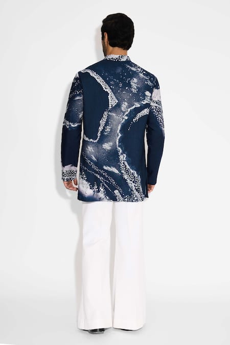 Shop SHASHA GABA Blue Tussar Morph Print Obsidian Short Kurta at Aza Fashions Shop_SHASHA GABA_Blue Tussar Morph Print Obsidian Short Kurta _at_Aza_Fashions