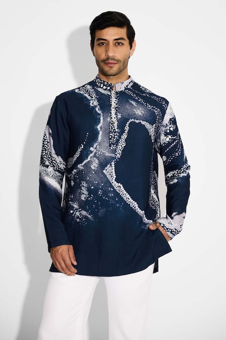 Shasha Gaba Blue Tussar Morph Print Obsidian Short Kurta 