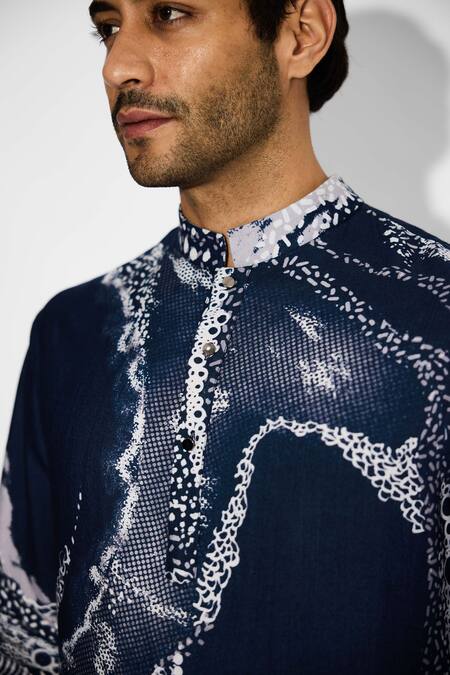 SHASHA GABA Blue Tussar Morph Print Obsidian Short Kurta at Aza Fashions SHASHA GABA_Blue Tussar Morph Print Obsidian Short Kurta _at_Aza_Fashions