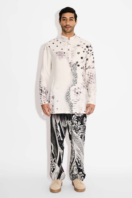 SHASHA GABA_Ivory Tussar Dots Print Short Kurta _Online_at_Aza_Fashions