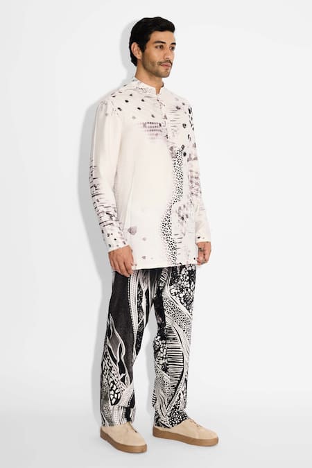 Buy_SHASHA GABA_Ivory Tussar Dots Print Short Kurta _Online_at_Aza_Fashions